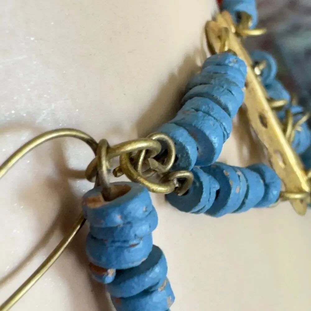 Vintage Egyptian Revival Faience Turquoise Blue Mummy Bead Necklace Brass Coins